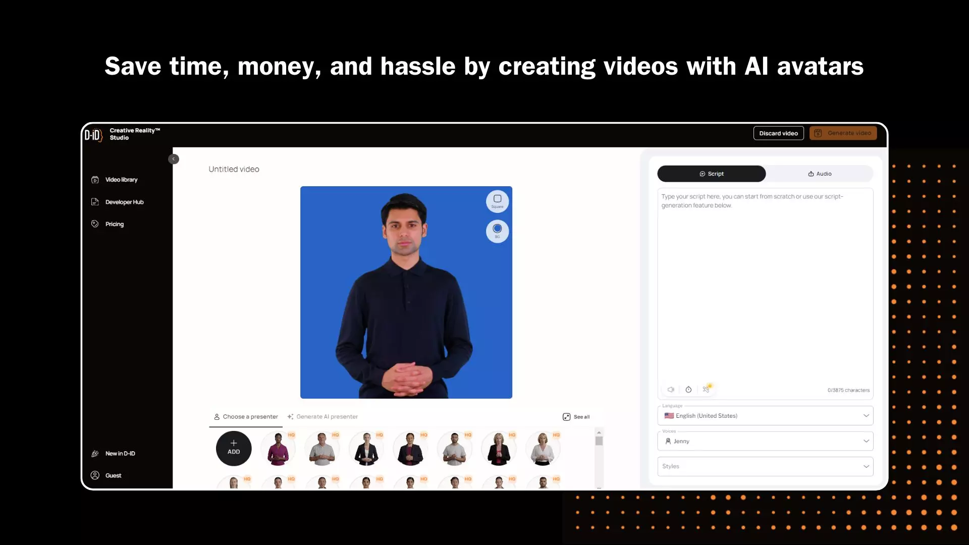 A screenshot of D-ID's AI avatar generator platform.