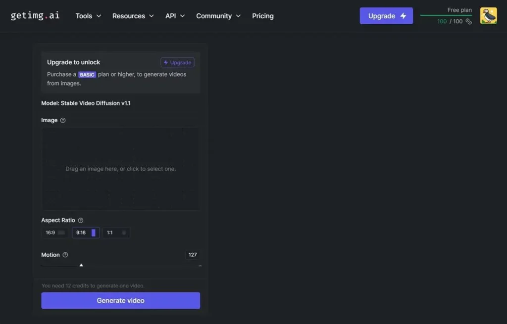 getimg.ai Photo to video generator interface screenshot