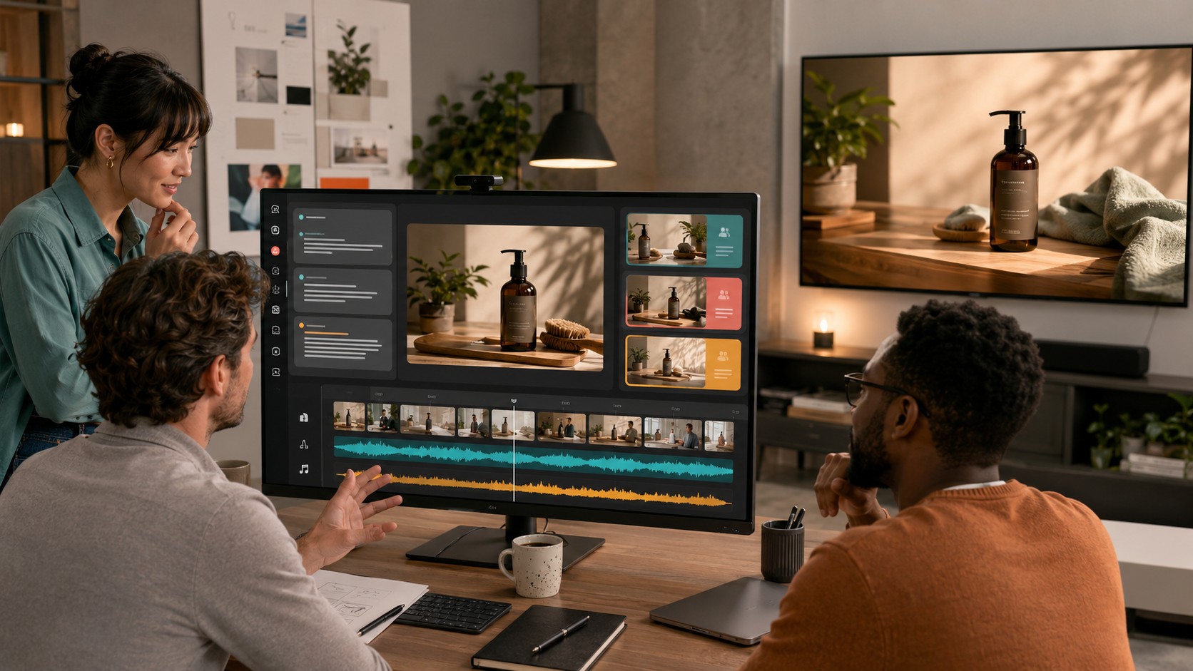 Small business team creating an AI-generated TV ad with script, video, and music tools